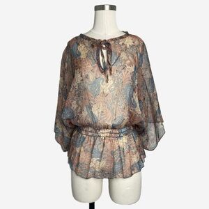 Vintage 70s Unbranded sheer paisley chiffon dolman sleeve blouse smocked S/M